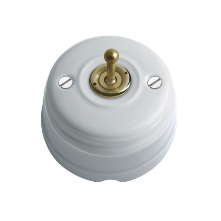 Interruptor de porcelana blanco con palanca dorada